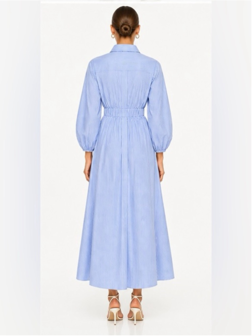 Blue White Striped Button Front Maxi Shirt Dress Elastic Waist - Picture 2 of 9